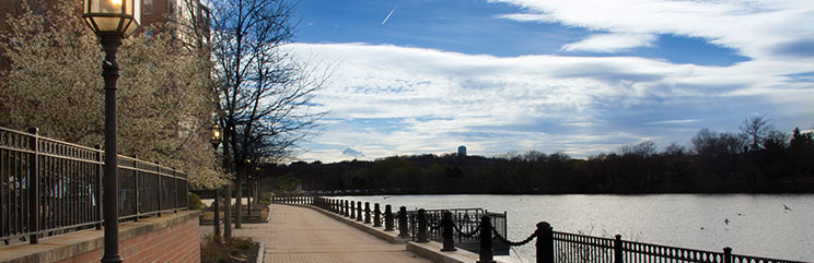 View of boardwalk and Charles River in Waltham, Massachusetts